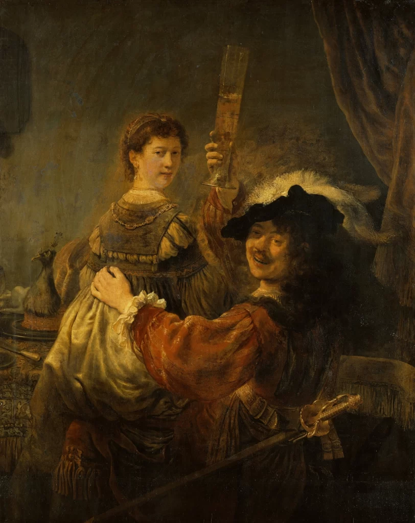 Painting of Rembrandt and his wife Saskia in the scene of the prodigal son.