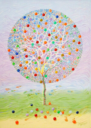 Swirls of wind force the fruit to the ground. Painted by artist Peter Segasby