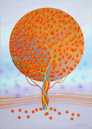 Artist Peter Segasby paints circular copper backdrop that glitters