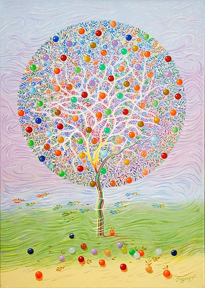 Swirls of wind force the fruit to the ground. Painted by artist Peter Segasby