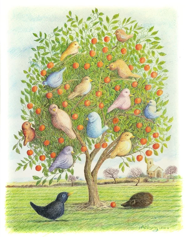 Birds in the orange tree, painted by artist Peter Segasby
