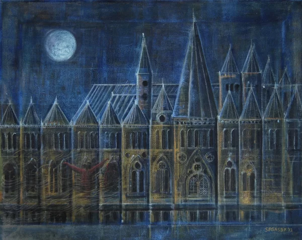 A castle sits beside a moat filled with water and ghosts painted by Peter Segasby