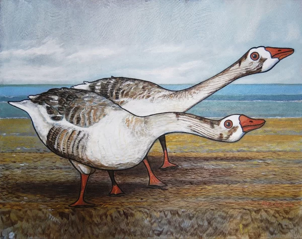 Two wild geese. Cloudy with the sea in the distance. Painted by artist Peter Segasby