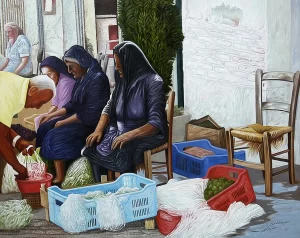 Painting at a market in corfu by artist Peter Segasby