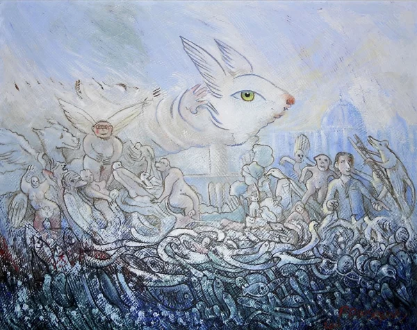 Artist Peter Segasby painting of people morphing from sea creature into half human