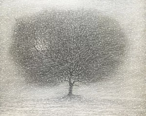 Simply spontaneous painting of a tree in a winter snow storm by artist Peter Segasby