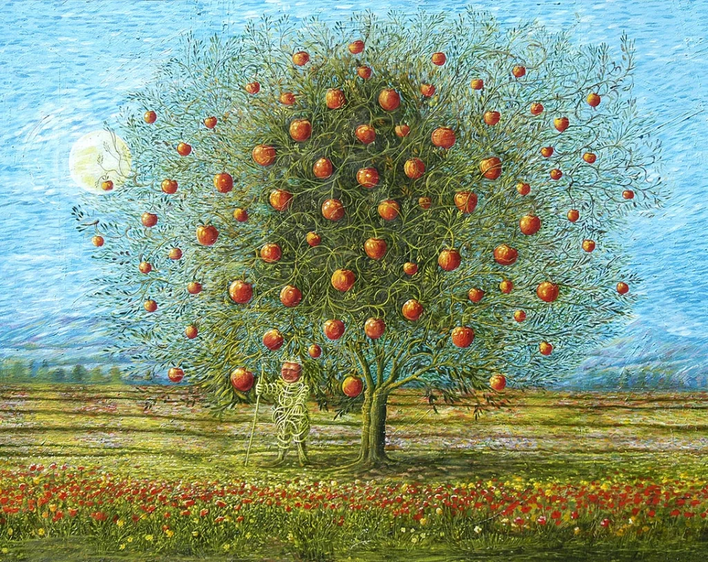 Peter Segasby artist painting of giant apples on a trees
