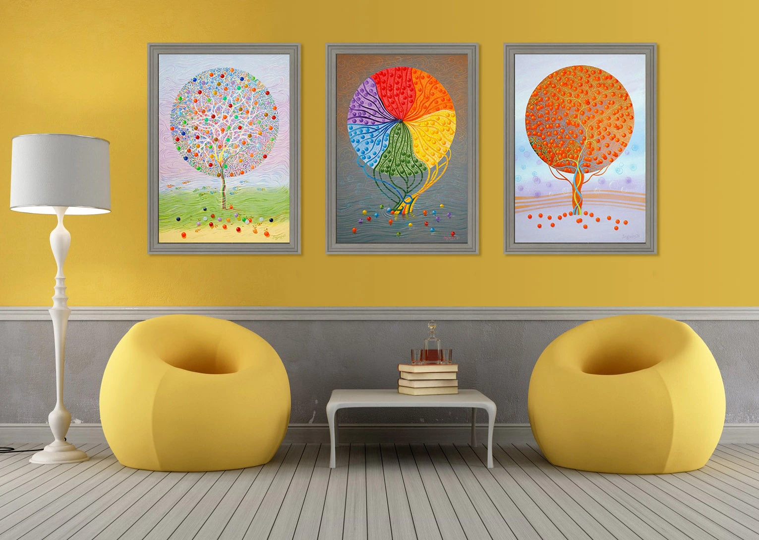 A trio of tree images painted by artist Peter Segasby creates a beautiful interior.