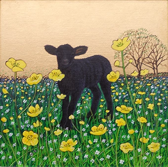 Painting of a lamb with gold sky by artist Peter Segasby